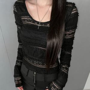TEMU ZX333 여성용 루즈 라운드넥 쉬어 레이스 블랙 긴팔 탑