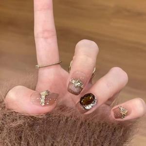 TEMU 2133# 10개입 앰버 아이스 투명 핸드메이드 프레스온 네일, 프렌치 스타일 캣아이 라이트 럭셔리 탈착식 네일팁|네일팁