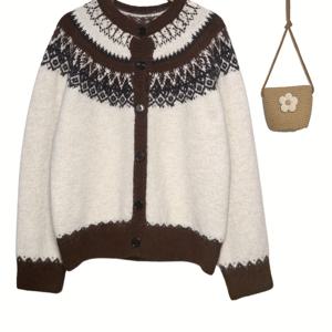 TEMU 빈티지 자카드 페어 아일 가을 겨울 신상 여성 스웨터 가디건 노르딕 레이지 스타일 코트 탑