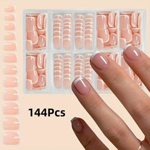 TEMU 144피스 숏 스퀘어 프레스온 네일, 핑크 프렌치 팁 소프트 젤 팁, 3-in-1 코팅 프리코팅 프라이머 & 베이스, DIY 내구성 있는 착용형 인조네일 12사이즈