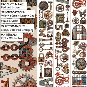 TEMU 2m/롤 광택 골드 포일 스탬핑 빈티지 기어 와시 테이프 녹슨 열쇠 장식 마스킹 테이프 스티커 스크랩북 저널 에스테틱 문구용 100cm 루프