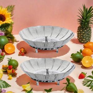 TEMU 2개 세트 중형 접이식 스테인리스 스팀 바스켓 (뚜껑 포함) - 야채, 만두, 빵, 해산물, 계란용 스테이머 - 공간절약형 스팀 바스켓, 가정용, 푸드트럭, 삶기 & 찜용 - 내구성 주방용품|계란찜기