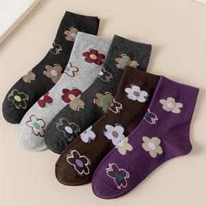 TEMU 여성용 큰 꽃무늬 디자인 양말 5켤레 세트. 스타일리시한 하이윤 스타일의 레트로 플라워 양말. 이 따뜻하고 통기성 좋은 미드 카프 양말은 , 레저, 스포츠 활동에 적합하며, 엄마를 위한 다용도 선물로 좋습니다.