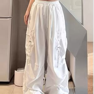 TEMU 남녀공용 오버사이즈 와이드 레그 워크웨어 팬츠 - 루즈핏 플로어 길이 힙합 스트리트웨어, 멀티포켓 디자인, 드로스트링 허리 - 캐주얼 아웃도어 착용용|여름바지