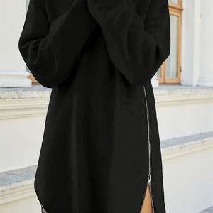 TEMU 우아한 A라인 맥시 드레스, 전면 지퍼 장식 - 겨울용 따뜻한 긴팔 라운드넥 드레스, 캐주얼, 홈웨어 및 세미포멀 착용에 적합 - 솔리드 컬러 쉬운 관리 드레스