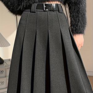 TEMU 여성용 아카데믹 스타일 그레이 트위드 정장 스커트, 신상 가을/겨울 하이웨이스트 슬리밍 드레이프 미디 A라인 플리츠 졸업 스커트, 다용도 데일리 웨어, 벨트 없음 포켓 없음|여성의류