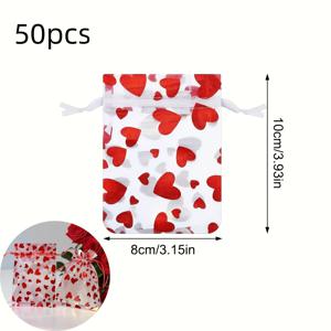 TEMU 50개 빨간 하트 끈끈이 오간자 백 - 목걸이 & 팔찌 보관 파우치, 선물 포장 백, 웨딩 파티 선물 봉투, 감성 선물 주머니