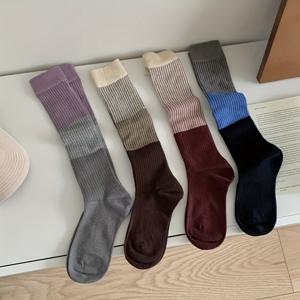 TEMU 여성용 컬러블록 종아리 양말 4켤레, 세로 줄무늬 가을/겨울 개성 있는 빈티지 스타일 니하이 두꺼운 크루 양말 효과