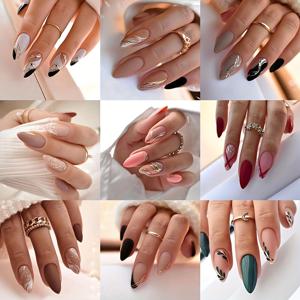 TEMU 216피스 겨울용 프레스온 네일 아몬드형 - 브라운/토프/그린/레드/블랙 & 화이트/골든 글리터 & 메탈릭 라인, 여성 살롱 네일 데코, 프리메이드 매니큐어 세트, 선물 아이디어
