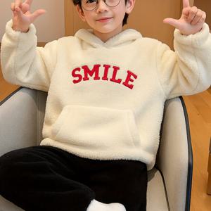 TEMU 5-13세 남아 가을 겨울 자수 플러시 세트, 양면 두꺼운 보온 후드 풀오버 아웃핏 (중대형 아동용)