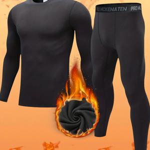 TEMU 숄더 긴팔 세트 - 남성용 블랙 보온 내의 크루넥 세트, 편안한 핏 겨울 따뜻한 아웃도어 스키 홈웨어 탄성 소재 가을 겨울