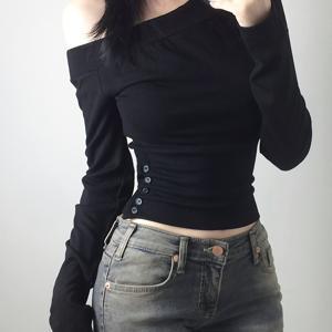 TEMU 세련된 단색 미니멀 오프숄더 허리 주름 버튼 장식 가을 캐주얼 다용도 여성 티셔츠, 일본 및 한국에 적합