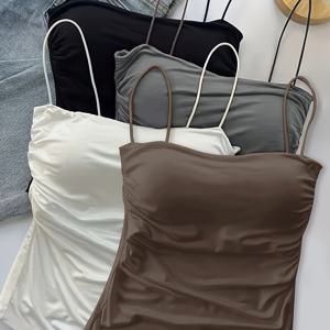 TEMU 4개 여성용 민소매 캐미솔, 내장형 탈부착 불가능한 가슴 패드 포함 - 슬림 스트랩 민소매, 솔리드 컬러 블라우스 레이어링, 캐주얼 & 드레시 웨어 - 기본 워드로브 필수품 Xinchaiyi (4개) - 손세탁 가능, 선물용