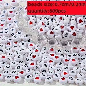 TEMU 600개 QYWCTZ 아크릴 숫자 & 알파벳 비즈 하트 스페이서 포함 - 0-9 숫자, 알파벳 비즈, DIY 팔찌, 목걸이, 공예용, 비즈링 4*7mm 호환 비즈