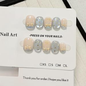 TEMU 10개입 프레스온 네일 | 누드 & 블루 보우 디자인 | 골든 하트 글리터가 있는 귀여운 인조 네일 – 데일리 & 데이트 룩