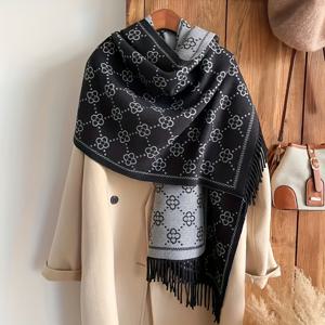 TEMU 여성용 럭셔리 숄 스카프 - 우아한 양면 프린지 겨울 랩, 부드럽고 따뜻한 방풍 칼라 목걸이 숄, 정장 및 캐주얼 복장용, 블랙 & 그레이, 손으로 만든 듯한 라벨 없는 디자인 (깃털 없음) - 다용도