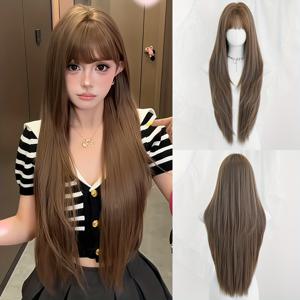 TEMU 여성 데일리 파티에 적합하며 카니발 뮤직 페스티벌 초보자에게 이상적인, 높은 레이어와 높은 밀도, 32인치의 레귤러 롱 그레이-브라운 가발