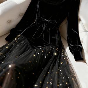 TEMU 여성용 스파클링 스팽글 A라인 드레스 - 긴소매 라운드 넥 빈티지 엘레강스 원단 드레스, 데이트 나이트, 크리스마스, 겨울 결혼식 하객용 - 기계 세탁 가능 단색 드레스|여성원피스|드레스