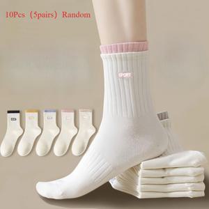 TEMU 10개입, 여성용 아웃도어 화이트 미드컬프 양말 5켤레, 봄, 여름, 가을용 자수 긴 스포츠 양말, 본레스 양말