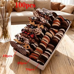 TEMU 부드럽고 머리카락에 친화적인 갈색 헤어 액세서리 세트 100개입 (리본 머리핀, 고탄력 머리끈, 기본 헤어 로프 조합 포함)