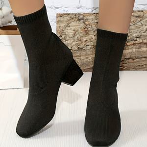 TEMU 유럽&미국 가을/겨울 신상 여성 스퀘어토 니트 미드컬프 부츠, 청키 힐과 우아한 디자인, 여성 신발|가을원피스