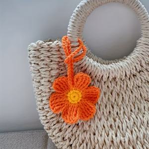 TEMU 오렌지색 수제 코바늘 뜨개질 꽃 | 가방용 펜던트, 키링 또는 체인 없음