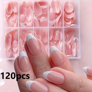 TEMU 120개입 박스형 네일 세트 누드 핑크 & 화이트 프레스온 네일 아몬드형 미디엄 길이 광택 마감 - 여름 솔리드 컬러 네일, 손발용, 살롱 퀄리티 쉬운 적용, 귀여운 네일, 뷰티 액세서리, 매끄러운 표면 네일