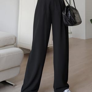 TEMU 접힌 러플 사선 포켓 팬츠, 솔리드 컬러 드레스 팬츠