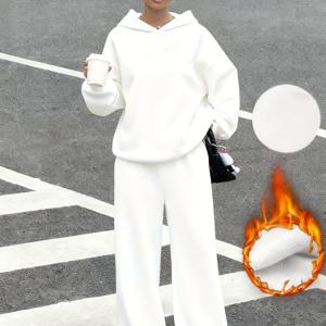 TEMU 가을, 겨울 필수 후드티 & 바지 세트, 스타일리시하고 캐주얼하며 출퇴근에 적합, 화이트 후드 스웨트셔츠와 와이드 레그 트라우저로 구성