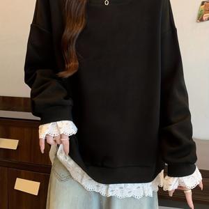 TEMU 프렌치 스타일 레이지 시크 레이스 패치워크 여성용 스웨트셔츠, 새로운 봄/가을 한국 스타일 루즈핏 활용도 높은 상의