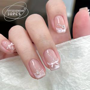 TEMU 30개 프렌치 스타일 캣아이 보우 & 장식 포함 짧은 프레스온 네일 - 광택 사다리꼴 인조네일, 파티, 웨딩, 데일리웨어에 적합한 한국식 네일팁 - 재사용 가능한 젤 글루 & 파일 포함|젤네일|네일팁