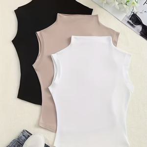 TEMU 여성용 패션 캐주얼 하이넥 슬림핏 솔리드 컬러 민소매 티셔츠 3pcs|민소매