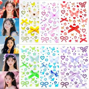 TEMU 6개입 보우노트 3D 스티커, 잔여물 없는 컬러풀 라인스톤, 얼굴 장식 및 DIY 공예용, 하트와 별 모양 귀여운 스티커 포함