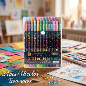 TEMU 12개/24개/36개/48개 듀얼 팁 글리터 마커 | 메탈릭 및 파인 팁 수채화 펜, 밝은 색상, 공예, 인사말 카드, 머그, 나무 장식, 스케치 및 전문가용 예술 창작에 적합 | 중간 팁, 수성 잉크