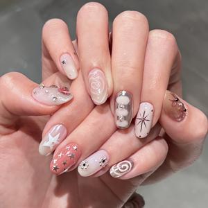 TEMU 10개 핑크 로맨틱 귀여운 별 라인스톤 탈부착 가능 웨어러블 네일 | 젤리 글루 및 롤러 포함, 아몬드 모양, 짧은 길이, 광택 마감, 기계 제작 인조 네일