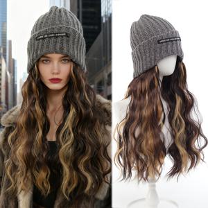TEMU 회색 니트 모자 가발 물결 컬링 모자 가발