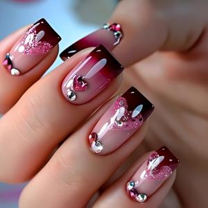 TEMU 24개입 레드 글리터 그라데이션 프레스온 네일 - 스파클링 라인스톤 팁, 스퀘어 미디엄 길이 인조네일, 발렌타인데이, 파티, 웨딩용 - 쉬운 적용, 내구성 & 재사용 가능한 인조네일