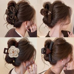 TEMU 4개 세트 프린트 리본 & 대형 상어 클립 | 여성용 고급스러운 감성, 우아한 빈티지 스타일, 뒷머리 헤어 클립, 데일리 및 파티에 적합, 플라스틱 재질