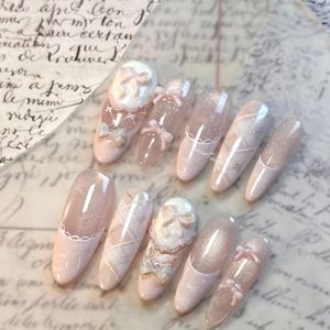 TEMU 파티 필수템! 풀 툴 키트 포함 10개 세트, 핑크 리본 프렌치 스타일 캣아이 누ob 네일, 수제 착용형 네일, 밝은 라이트 베이지, 달콤하고 재사용 가능, 오래 지속되는 핏, 사계절 선물