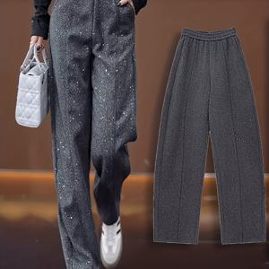 TEMU 2025년 가을 겨울 여성 슬림핏 레그 팬츠, 솔리드 그레이 블랙, 섬세한 스파클, 캐주얼 루즈 허리, 롱 기장, 포켓 디테일, 패셔너블, 영원한 스타일, 피부 친화적, , 한국-일본 트렌디 스타일
