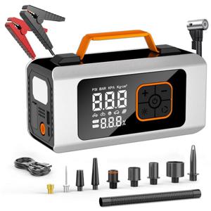 TEMU 신형 다기능 차량용 비상 점프 스타터 휴대용 타이어 공기주입기 5in1 멀티 압축기 보조배터리 기능 · LED 디스플레이 · 스마트폰 충전 지원 · LED 표시 · 야외 응급 전원|보조배터리|타이어