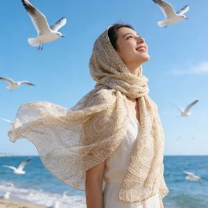 TEMU 100% 실크 숄 | 젠틀 베이지, 캐슈 패턴, 스타일, 가볍고 방풍, 봄/여름, 해변 나들이 및 축제 행사에 적합