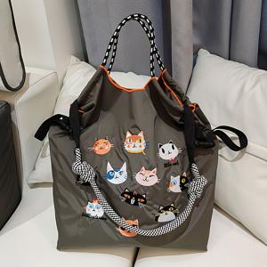 TEMU 1개 여성용 고품질 고양이 자수 나일론 토트백 조절 가능한 스트랩 - /한국 스타일 핸드백, 쇼핑, 해변, 출근용 - 가벼운 크로스바디/숄더백, 세탁 가능|슬링백|미니크로스백