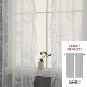 TEMU 프렌치 플로럴 레이스 러플 시어 커튼 2패널, 로맨틱 바닛 창문 커튼 - 발코니, 베이 윈도우, 침실, 거실 바닥 분할 장식용 드레이프