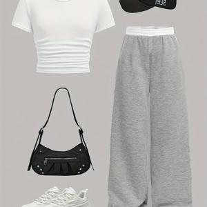 TEMU 여아용 반팔 & 긴 바지 세트 (어린이 중고용), 스타일리시한 옆 플리츠, 단색 니트 상의와 캐주얼 레그 스포츠 팬츠로 구성되어 편안한 봄/여름 야외 활동에 적합합니다.