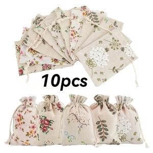 TEMU 10개 세트 천연 리넨 끈끈이 선물봉투 - 러스틱 플로럴 프린트, 꽃무늬, 황마끈 마감, 보석, 사탕, 화장품 및 웨딩/샤워 선물용 내구성 봉투