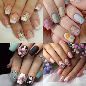 TEMU 나비, 꽃, 하트 디자인의 중간 길이의 사각 인조 손톱 96개 세트 (젤리 글루 및 네일 파일 포함), 여성용, 일상 모임 및 축제 행사에 적합