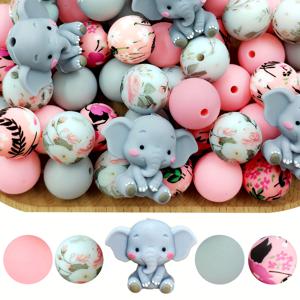 TEMU 25개 실리콘 코끼리 비즈 | 핑크 & 회색 혼합 색상, 플로럴 프린트, 귀걸이, 목걸이, 가방 체인, 펜던트 등 주얼리 액세서리 - 공예 및 선물용으로 적합