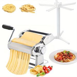 TEMU 스테인리스 스틸 수동 파스타 메이커 기계 | 조절 가능한 두께 설정 기능 | 홈메이드 스파게티, 페투치니, 라자냐 제작에 완벽 | 탈착식 핸들 클램프 및 면 건조대 포함 (실버)