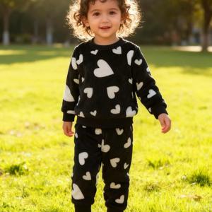 TEMU 여아용 스타일리시 하트 시리즈 투피스 세트, 가을/겨울 플란넬 의상, 신상 보온 속옷 세트, 야외 활동 및 복장에 적합